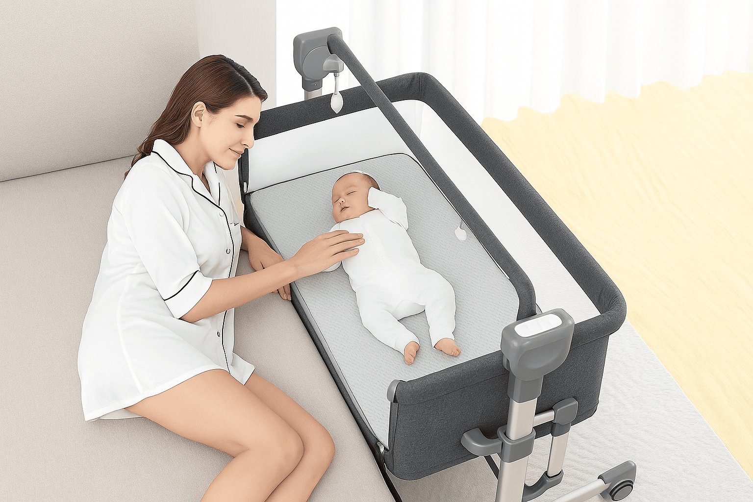 lit cododo electrique gris avec maman et bebe