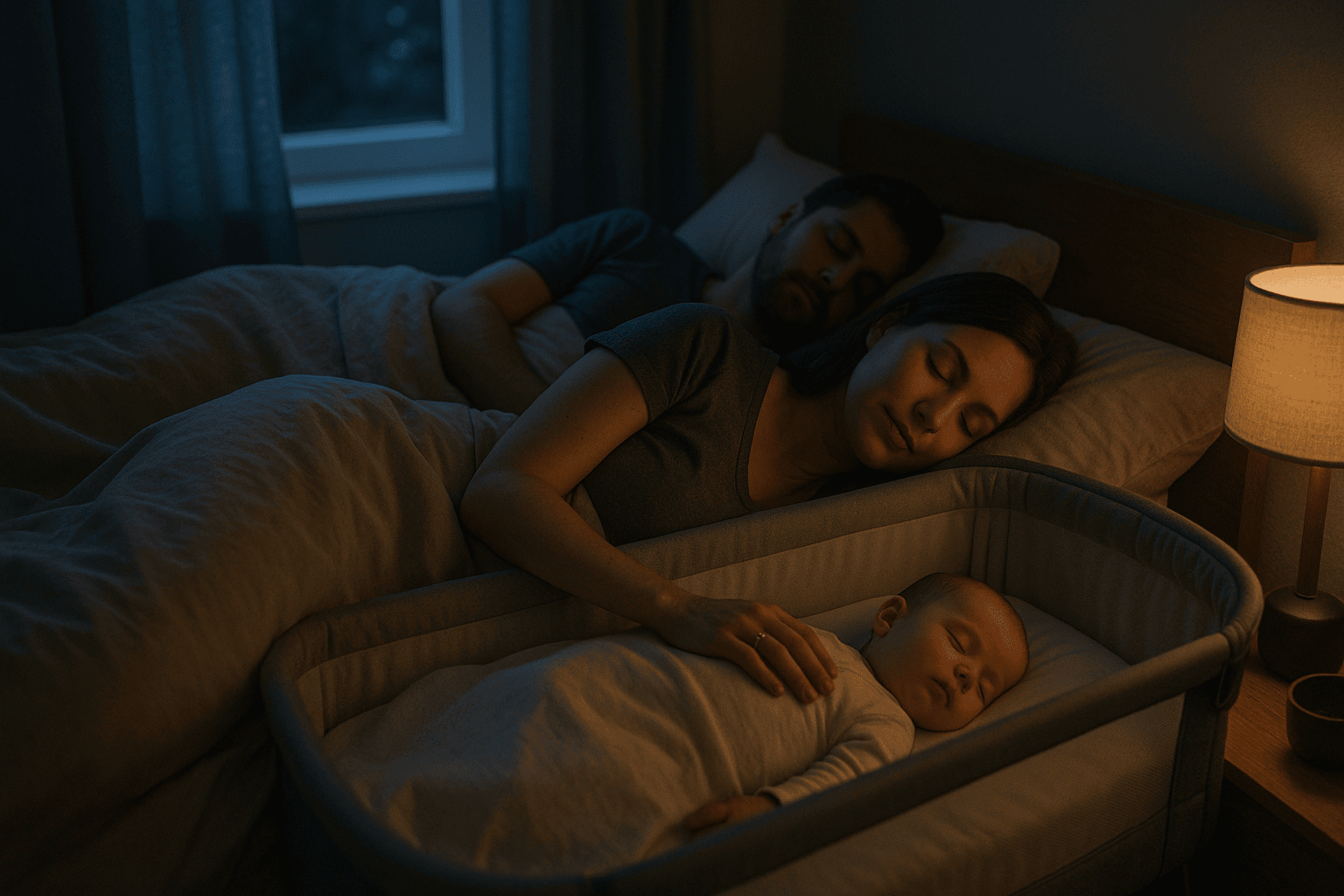 bébé dans un lit cododo à côté du lit parental