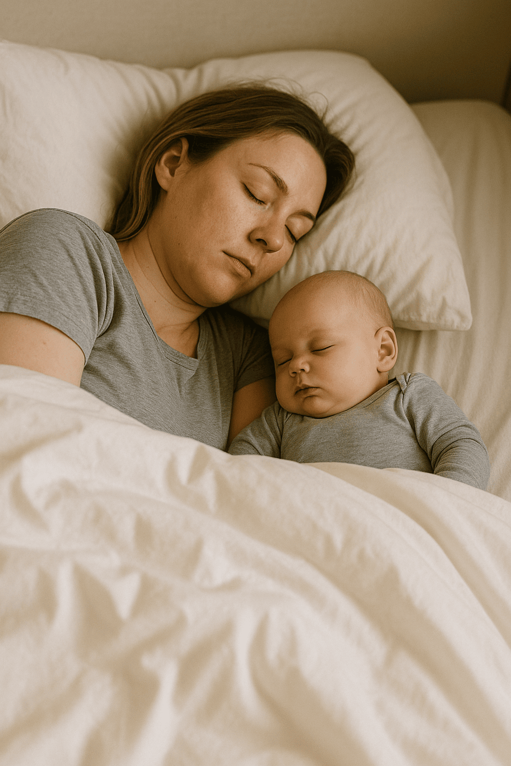 mère dans un lit endormie avec son bebe